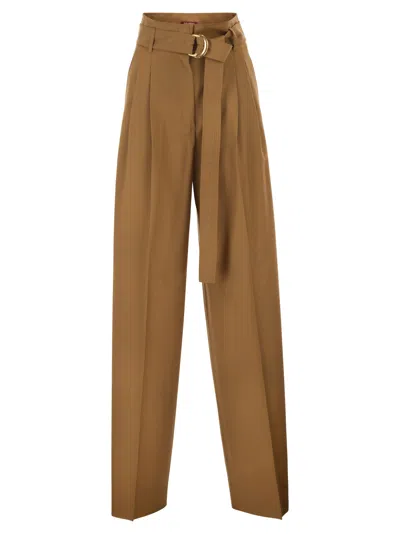 Maxmara Studio Mstserio – Wide Leg Pure Wool Trousers With Belt In Brown