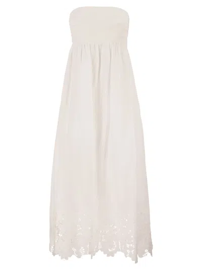 Maxmara Studio Strapless Linen Dress With Embroidered Hem In Multi