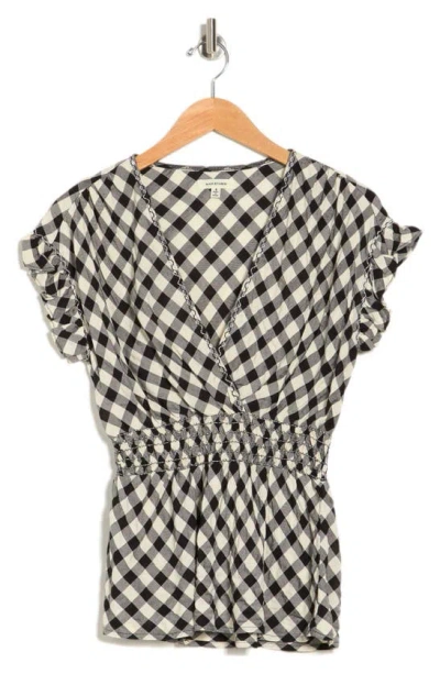 Maxstudio Gingham Smocked Waist Flutter Blouse In Black