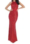 May Queen Couture All Over Sequin Long Dress In Red In Red