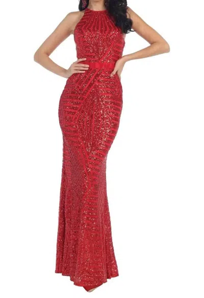 May Queen Couture All Over Sequin Long Dress In Red