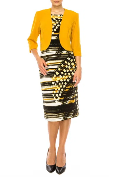 Maya Brooke Abstract Print 3/4 Sleeve Jacket Dress In Butterscotch In Gold