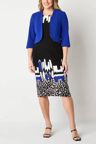 Maya Brooke Abstract Print Cropped Jacket Dress In Cobalt Black In Blue