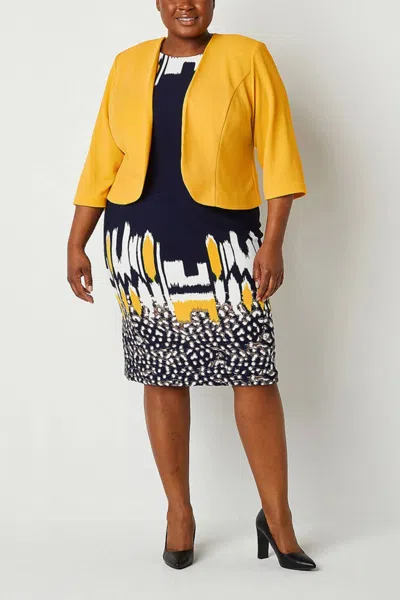 Maya Brooke Abstract Print Cropped Jacket Dress In Yellow Navy
