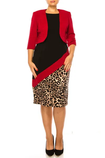 Maya Brooke Asymmetrical Animal Print Jacket Dress In Red Black In Multi