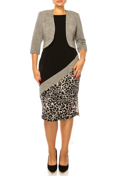 Maya Brooke Asymmetrical Animal Print Jacket Dress In Stone Black In Multi