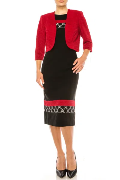 Maya Brooke Contrast Pattern Cropped Jacket Dress In Red Black