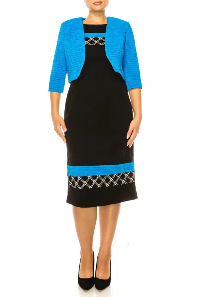 Maya Brooke Contrast Pattern Cropped Jacket Dress In Turquoise Black In Blue