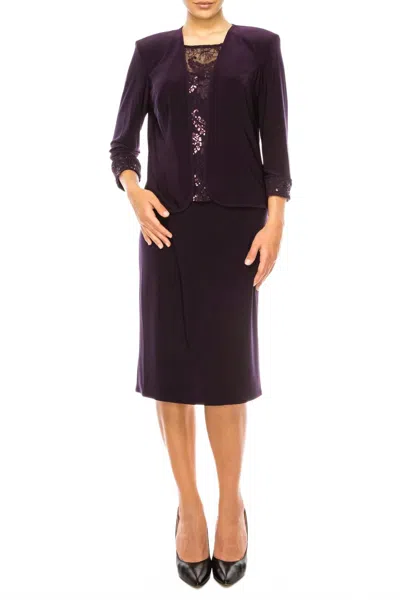 Maya Brooke Floral Embroidered Sequin Jacket Dress In Eggplant In Animal Print