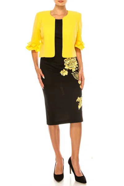 Maya Brooke Floral Print Ruffled Jacket Dress 2-piece Set In Yellow Black In Multi