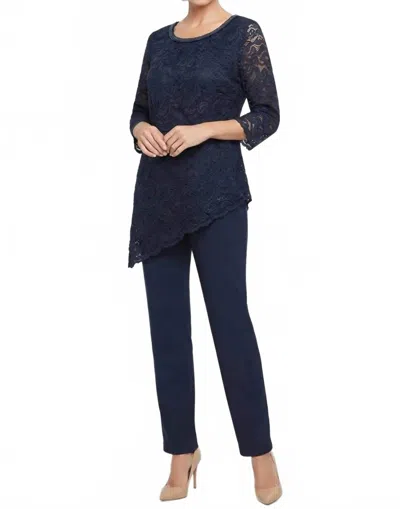 Maya Brooke Lace Asymmetrical Tunic Pant Set In Navy In Blue