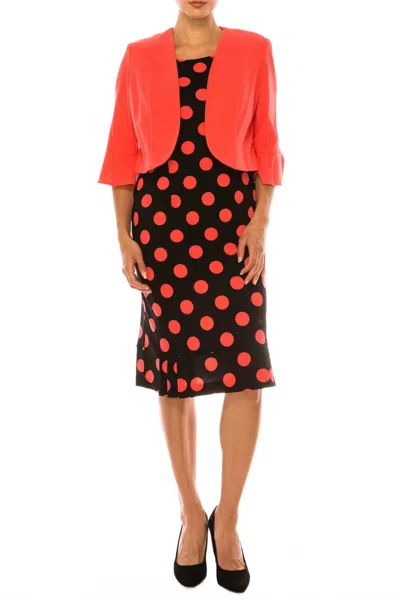 Maya Brooke Polka Dot Pleated Hem Jacket Dress In Coral Black In Orange