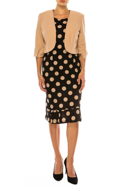 Maya Brooke Polka Dot Pleated Hem Jacket Dress In Taupe Black