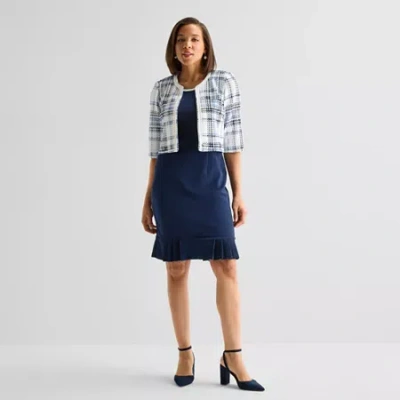 Maya Brooke Womens Embellished Plaid Jacket Dress In Blue