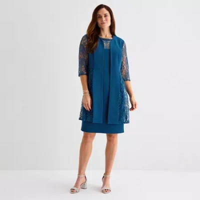 Maya Brooke Womens Lace Pearl Trim Jacket Dress In Blue