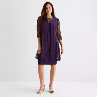 Maya Brooke Womens Lace Pearl Trim Jacket Dress In Purple