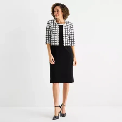 Maya Brooke Womens Pearl Trim Windowpane Jacket Dress In Black