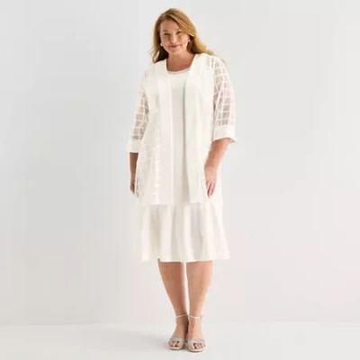 Maya Brooke Womens Plus Beaded Windowpane Midi Jacket Dress In White