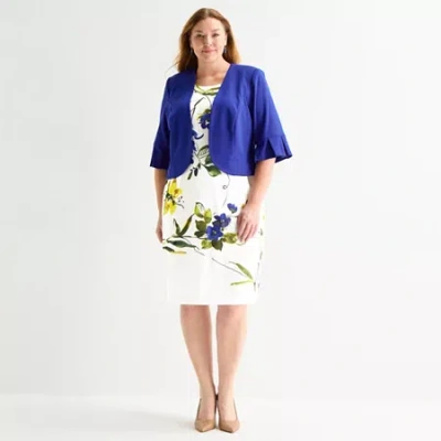 Maya Brooke Womens Plus Floral Jacket Dress In Blue