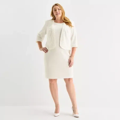 Maya Brooke Womens Plus Pearl Trim Jacket Dress In Neutral