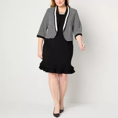 Maya Brooke Womens Plus Pearl Trim Plaid Jacket Dress In Black