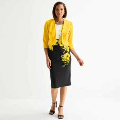 Maya Brooke Womens Round Neck Sleeveless Floral Jacket Dress In Yellow