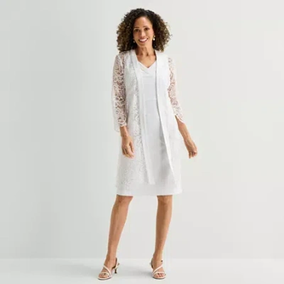 Maya Brooke Womens V Neck Sleeveless Embellished Jacket Dress In White