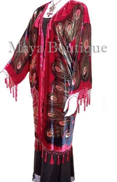 Pre-owned Maya Kimono Jacket Beaded Peacock Duster Kimono Opera Coat Silk Velvet Red Multi Maya Matazaro