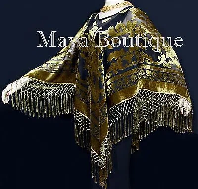 Pre-owned Maya Matazaro Antique Gold & Black Burnout Velvet Poncho Shawl Top With Fringes
