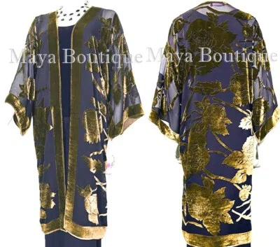 Pre-owned Maya Matazaro Antique Gold Long Kimono Jacket Silk Burnout Velvet No Fringe