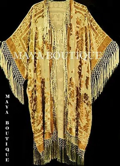 Pre-owned Maya Matazaro Antique Gold Silk Burnout Velvet Fringe Jacket Kimono Duster  Plus