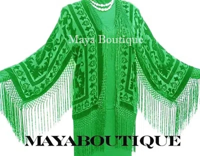 Pre-owned Maya Matazaro Apple Green Fringe Jacket Kimono Silk Burnout Velvet  Made In Usa