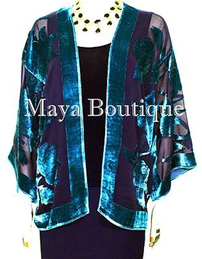 Pre-owned Maya Matazaro Aqua & Black Silk Burnout Velvet Jacket Short Kimono No Fringe  In Blue
