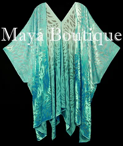 Pre-owned Maya Matazaro Aqua Ombre Camellia Burnout Velvet Caftan Kimono Jacket Hand Dyed In Blue