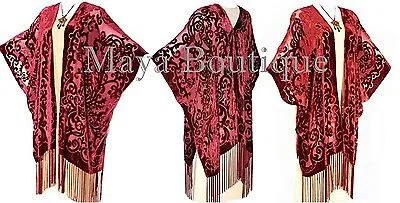 Pre-owned Maya Matazaro Art Nouveau Deep Red Caftan Kimono Burnout Velvet  Made In Usa