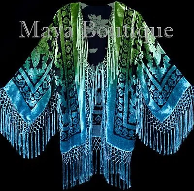 Pre-owned Maya Matazaro Art To Wear Devore Velvet Kimono Jacket Hand Dyed Green Turquoise