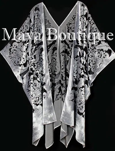 Pre-owned Maya Matazaro Baroque Burnout Velvet Caftan Kimono Jacket Silver Black Usa Made