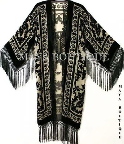 Pre-owned Maya Matazaro Beige & Black Silk Burnout Velvet Fringes Jacket Kimono Long Coat