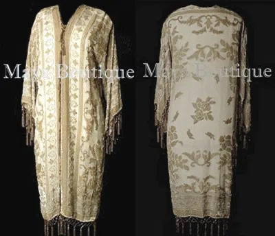 Pre-owned Maya Matazaro Beige Silk Burnout Velvet Beaded Fringes Jacket Kimono Long Coat