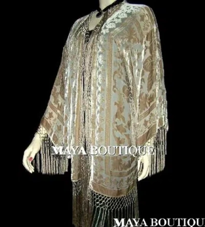 Pre-owned Maya Matazaro Beige Silk Burnout Velvet Fringe Jacket Kimono Bolero