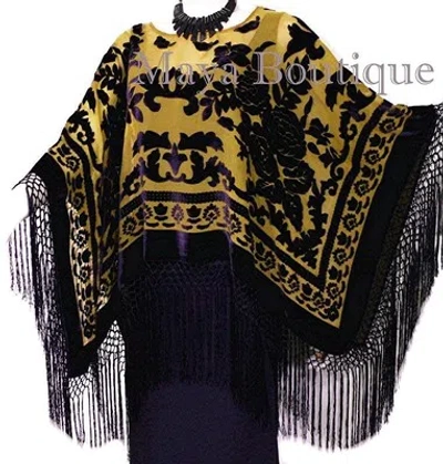 Pre-owned Maya Matazaro Black & Antique Gold Silk Burnout Velvet Poncho Fringed Shawl Top