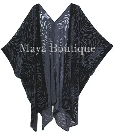 Pre-owned Maya Matazaro Black Camellia Burnout Velvet Caftan Kimono Duster Jacket  Usa Made