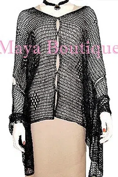 Pre-owned Maya Matazaro Black Crochet Poncho Top Asymmetrical Rayon-silk  One Size