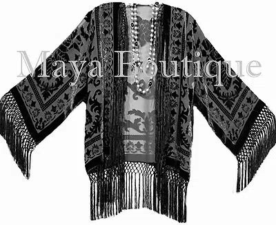 Pre-owned Maya Matazaro Black Kimono Fringe Jacket Silk Burnout Velvet Short  Plus Size