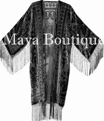 Pre-owned Maya Matazaro Black Silk Burnout Velvet Fringes Jacket Kimono Long Coat