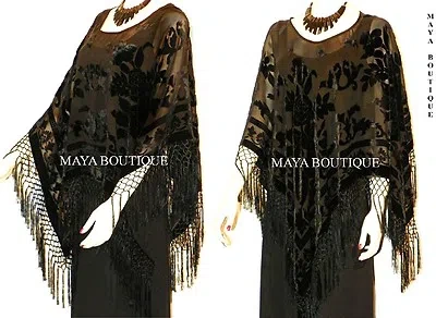 Pre-owned Maya Matazaro Black Silk Burnout Velvet Poncho Shawl Fringe Top  One Size