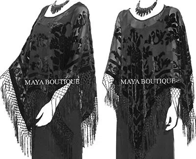 Pre-owned Maya Matazaro Black Silk Burnout Velvet Poncho Shawl Fringe Top  One Size