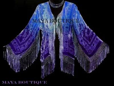 Pre-owned Maya Matazaro Blue & Purple Burnout Velvet Fringe Jacket Kimono Short, Hand Dyed