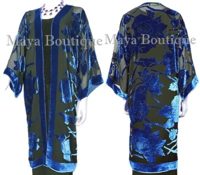 Pre-owned Maya Matazaro Blue Long Kimono Jacket Silk Burnout Velvet No Fringe