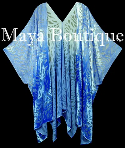 Pre-owned Maya Matazaro Blue Ombre Camellia Burnout Velvet Caftan Kimono Jacket Hand Dyed
